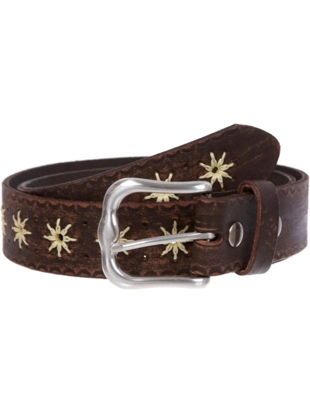 Vintage Embossed Sunflower Leather Belt - 1.5